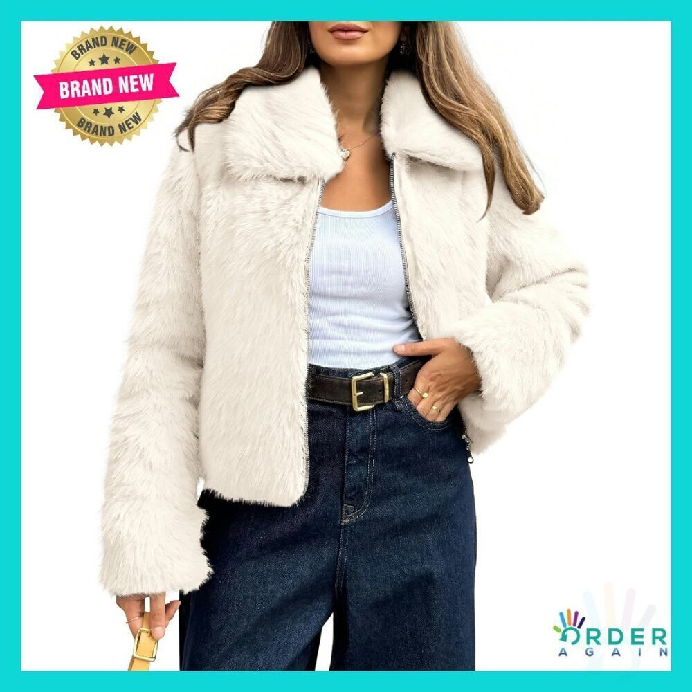 Faux Fur Cropped Jacket Fluffy Zip Up Chic Winter Coat Long Sleeve